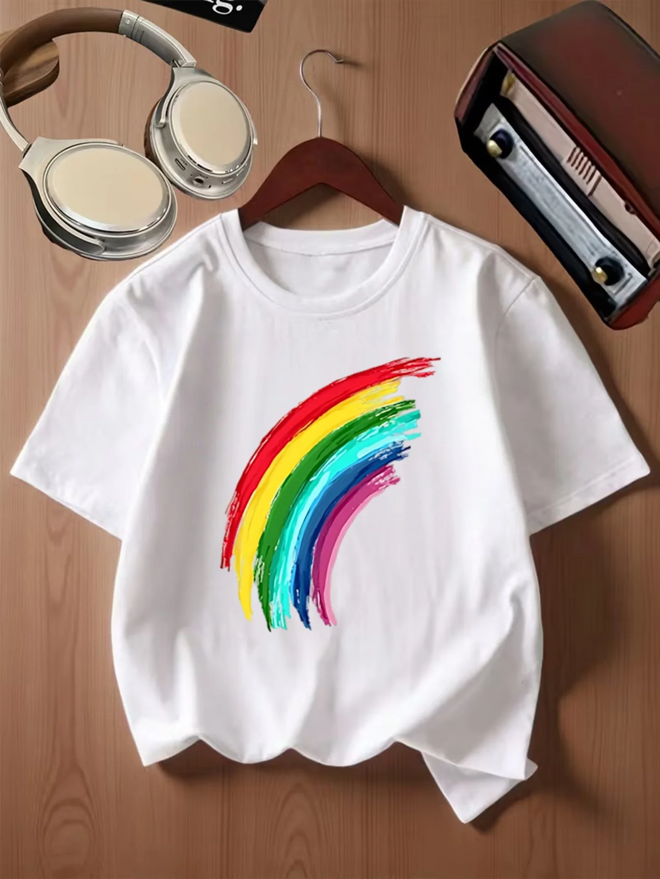 Hand Painted Vibrant Rainbow Curved Stripes Creative Print Kids T Shirt Boys Girls Family Matching Summer Crew Neck Casual Tee
