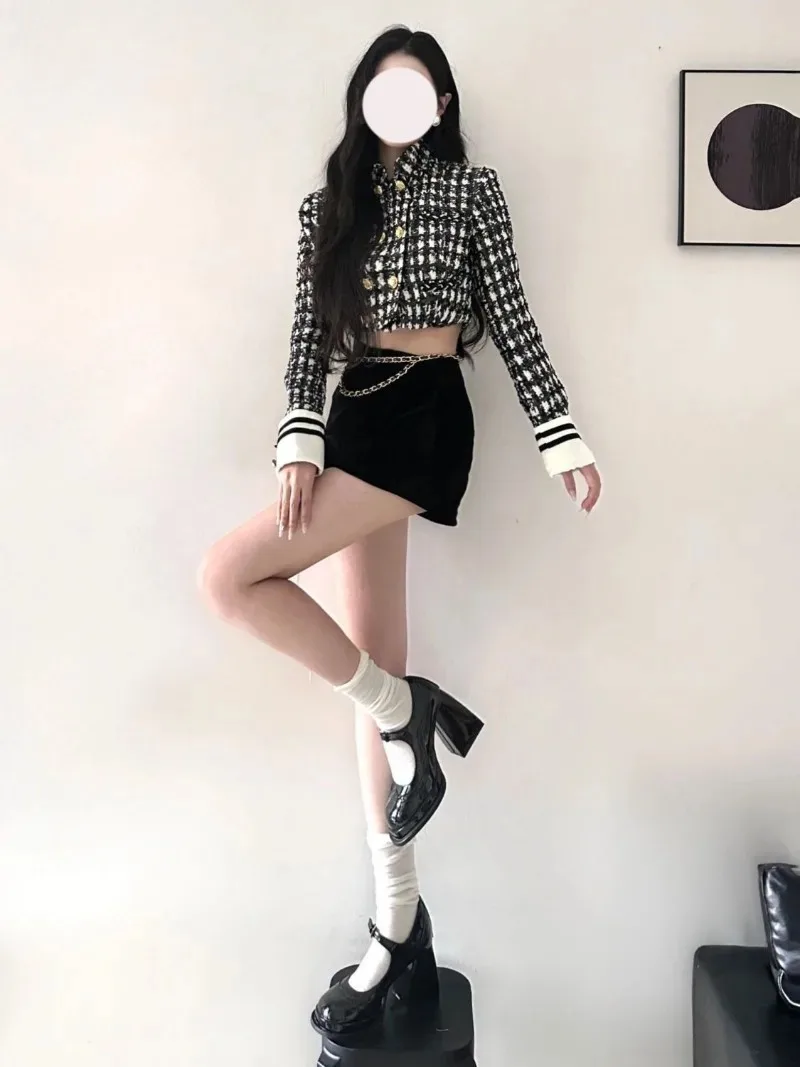 Fragrance Stand Collar Jacket Shorts Two-piece Set Women Temperament Korean Checkered Double Breasted Chain High-end Slim Suit