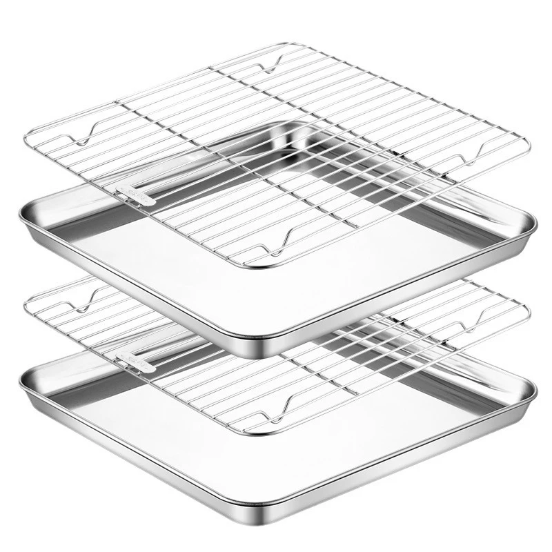 

Square Food Storage Shallow Trays with Grid Cooling Rack Stainless Steel Steamed Baking Pan Barbecue Plates Set Kitchen Utensils