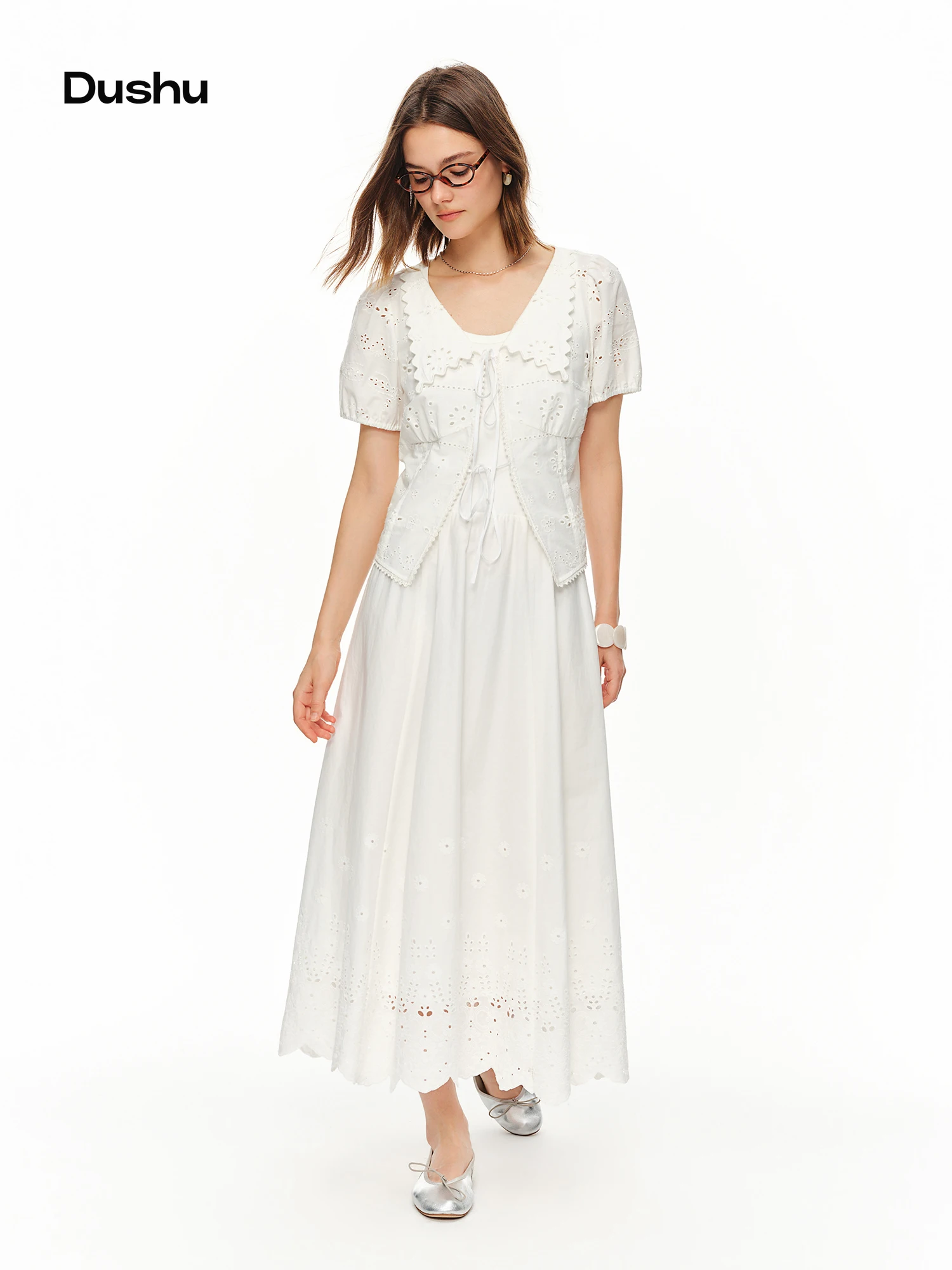 

DUSHU Women's Fresh Cotton Embroidered Two-Piece Set | 2026 Summer New Arrival White Soft Style Top & Skirt Fashion Outfit