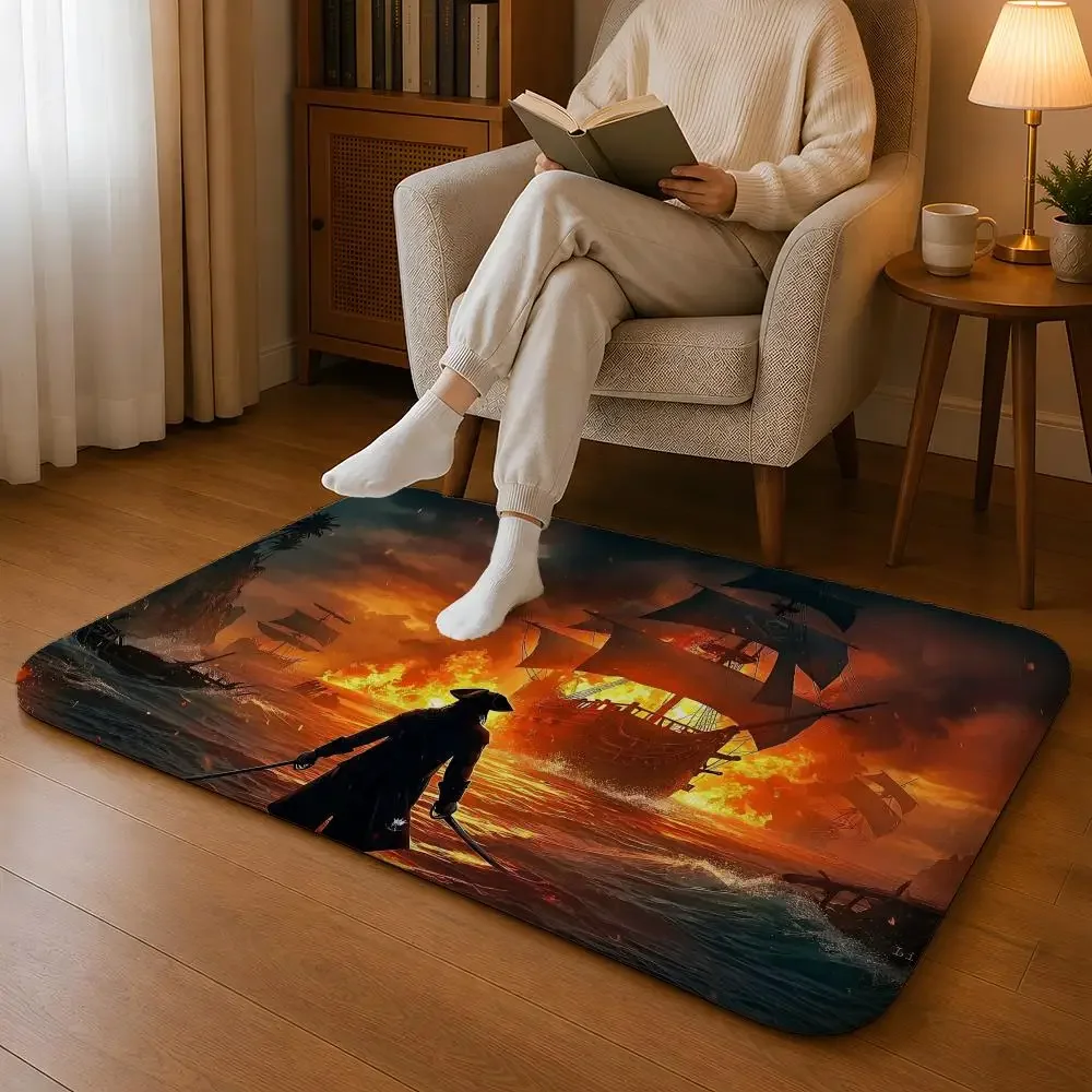 P-Pirates of the Caribbean Floor Mat Machine Washable Soft Flannel Area Rug, Non-Slip Absorbent Floor Mat for Living Room
