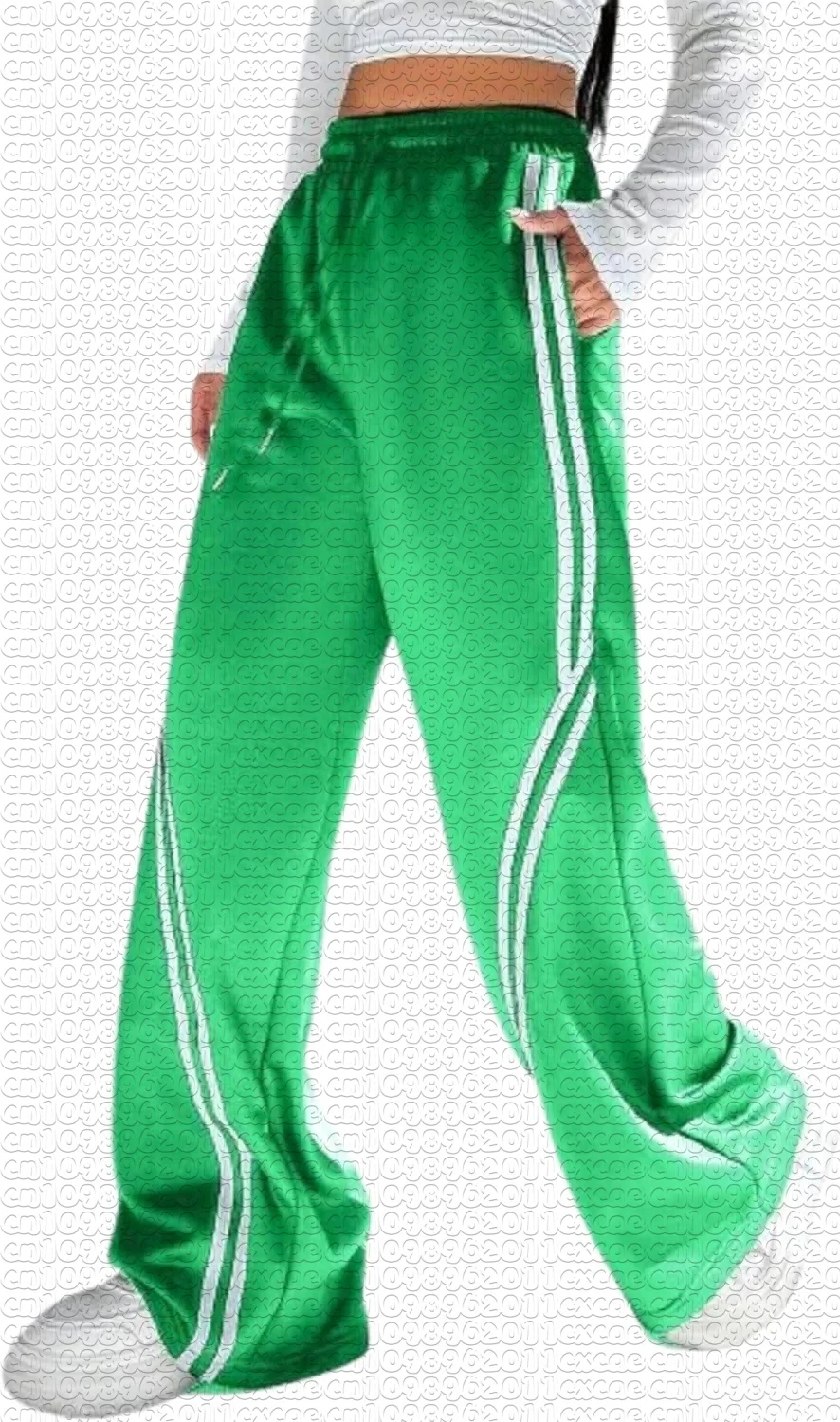 Unisex Summer Loose Straight Trousers 3D Side Stripe Print Street Pants Elastic Waist Drawstring Casual Sport Long Pants