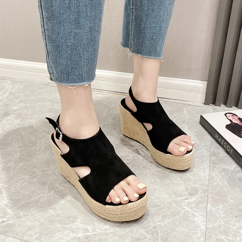 

ZOOKERLIN Platform Rattan Grass Woven Wedges Suede Women Sandals Peep Toe Slingback Buckle Solid Color Gladiator Shoes For Woman