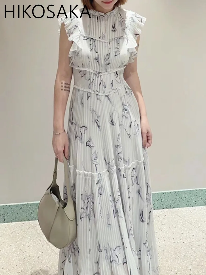 

Stand Collar Flying Sleeve Elegant Dress High Waist Slim Pleated Midi Robe 2024 New Summer Japan Style Fresh Print Vestidos