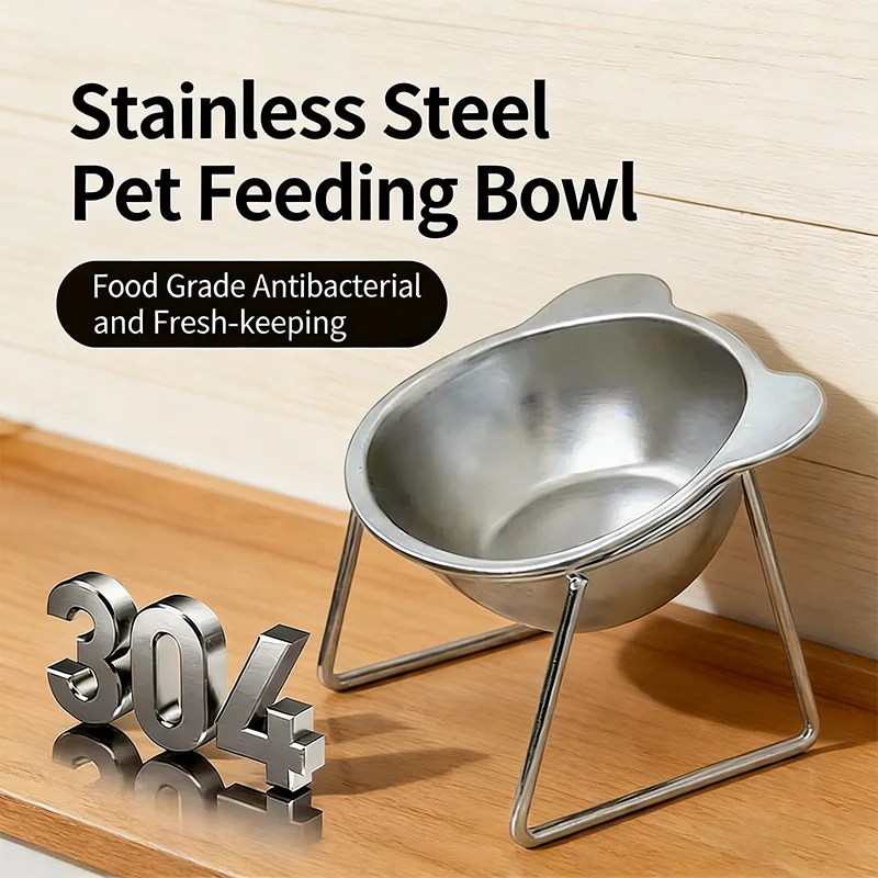 Comedero Elevado para Gatos de Acero Inoxidable 304 - 15 ° Comedero Inclinado con Protector de Cuello, Alimentación Saludable, Irrompible para Gatos