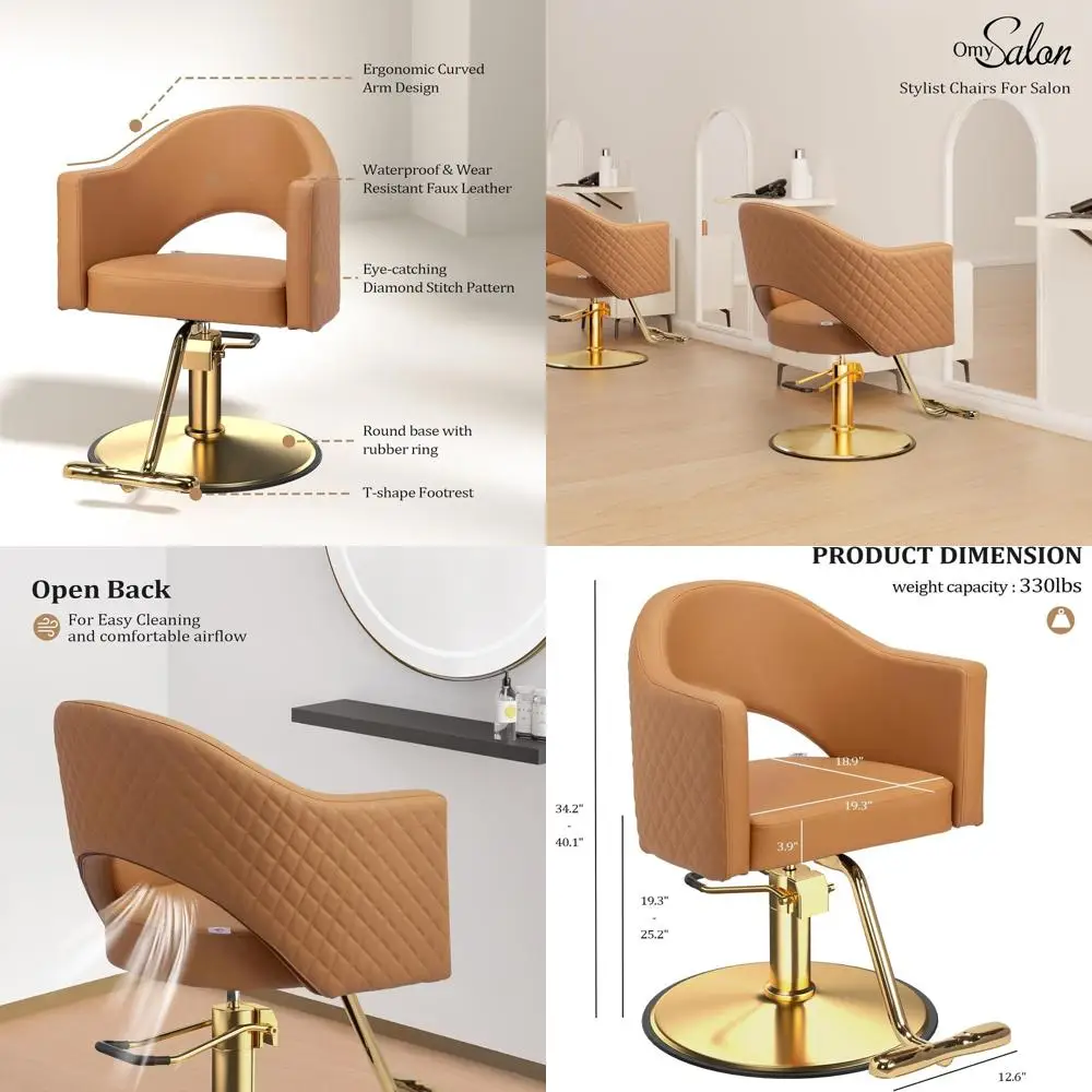

Stylish Gold Salon Chair with Hydraulic Pump, 360° Swivel, Footrest, Ideal for Hairdressers and Home Spa