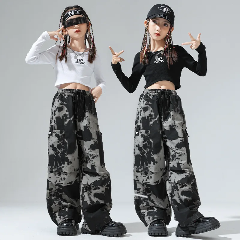 Vêtements Hip Hop Cool pour enfants, T-shirt noir à manches longues, haut court camouflage, pantalon baggy cargo décontracté pour fille, olympiques de danse jazz