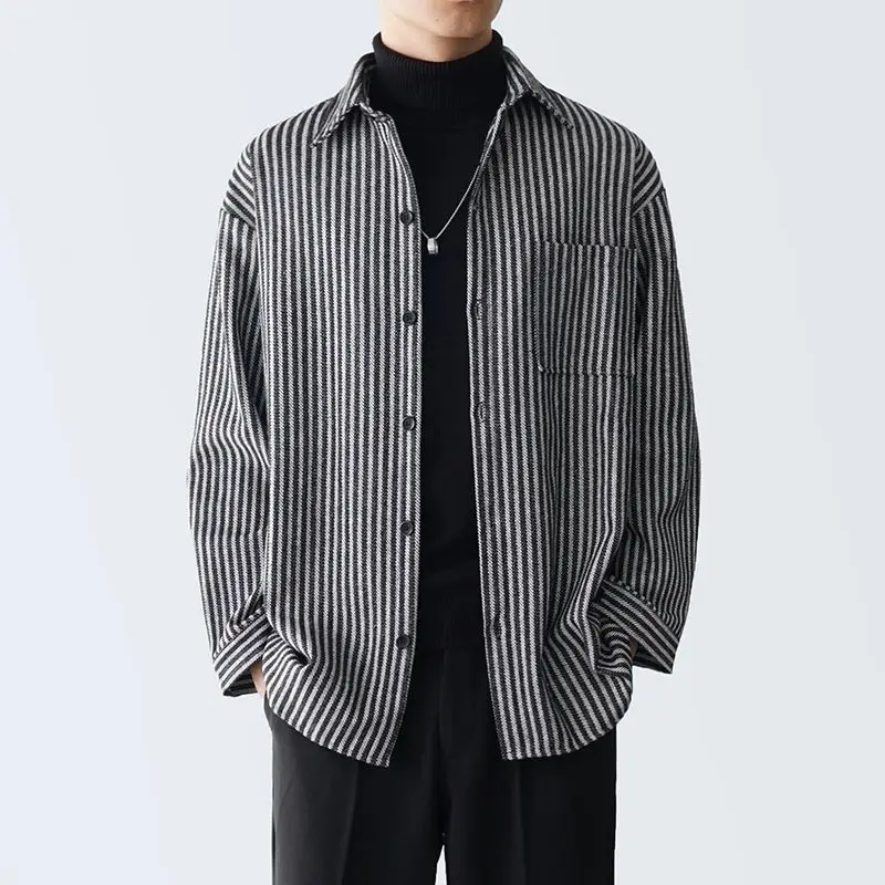 

Black and White Striped Shirt for Men Spring and Summer Turn-down Collar Long Sleeve Loose Casual Jacket Single-breasted Top