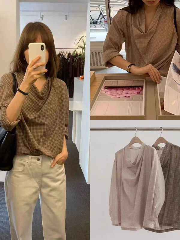 Korean Style Long Sleeve Shirt Women's Slim Grid V-neck Commute Style Cotton Sweat Absorbent Regular Length East Gate New Design