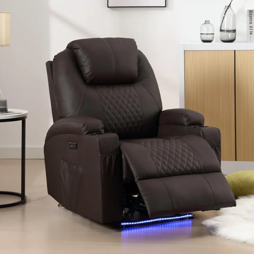 Power Recliner Chair, Home Theater Seating with LED Ambient Lighting, PU Leather Lazy Sofa Heat Massage Chair free shipping