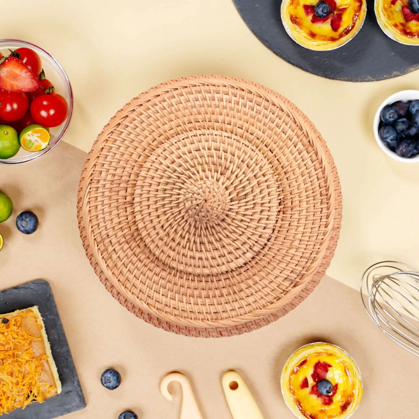 

A15F-Round Rattan Box,Wicker Fruit Basket With Lid Bread Basket Tray Storage Basket Willow Woven Basket For Bread, Snack