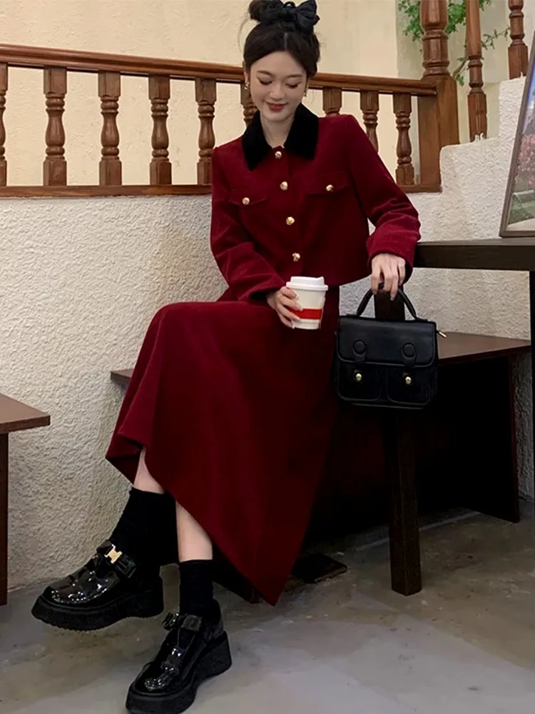 Lnsozkdg-Ensemble Deux Pièces en Tweed Rouge Vintage pour Femme, Veste Courte, Manteau et Jupe de Batterie, Tenues Élégantes, Automne et Hiver, Haute Qualité