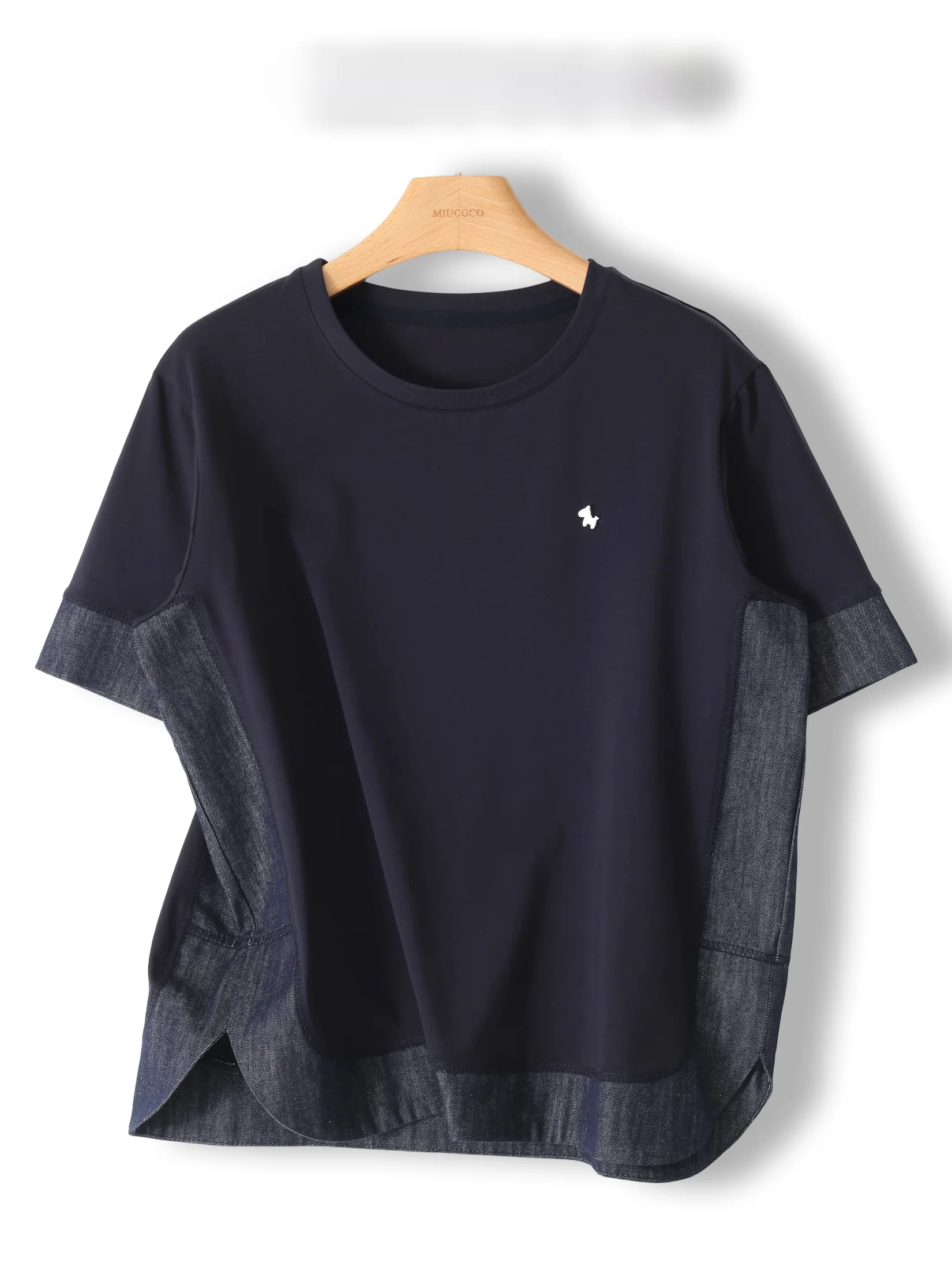 

Свободная женская футболка с коротким рукавом, хлопковая, с джинсовыми вставками, повседневный стиль, круглый вырез, пуловер, весна-лето, модный женский топ