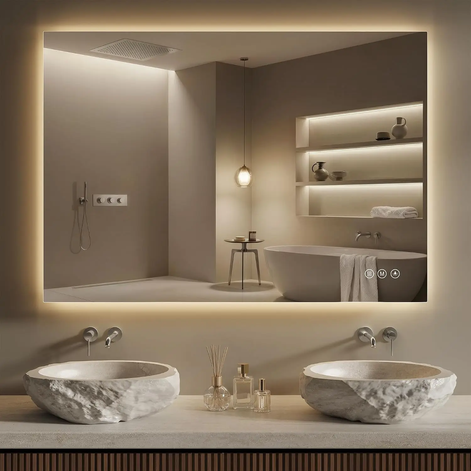 40 X 30 Inch Led Bathroom Mirror Lights Anti Fog Backlit CRI Over 90 Lighted Vanity Wall Mount Memory Tempered Glass 3 Color Fra