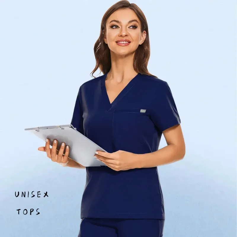 Homens e mulheres de manga curta Medical Scrubs Tops, Uniformes Decote V, Camisa de Esfoliante Médico Workwear, Cor Pura, Tamanhos Grandes, Roupas de Enfermagem