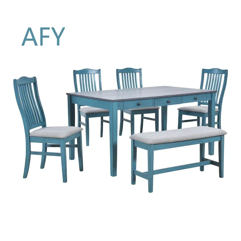 Indoor Mid-Century Dining Table Set for 6 People Wood Kitchen Table Set with Drawer Upholstered Chairs and Bench Antique Blue