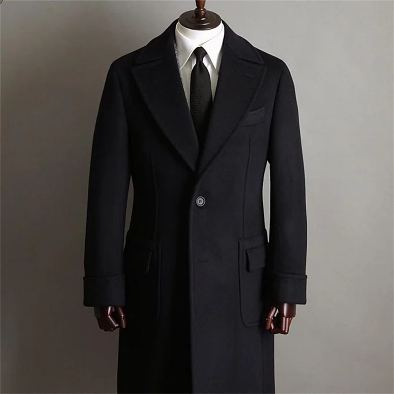 

Tailored Woolen Long Coat Overcoat Men Suits One Button Peaked Lapel Formal Work Wear Winter Warm Plus Size Custom Made