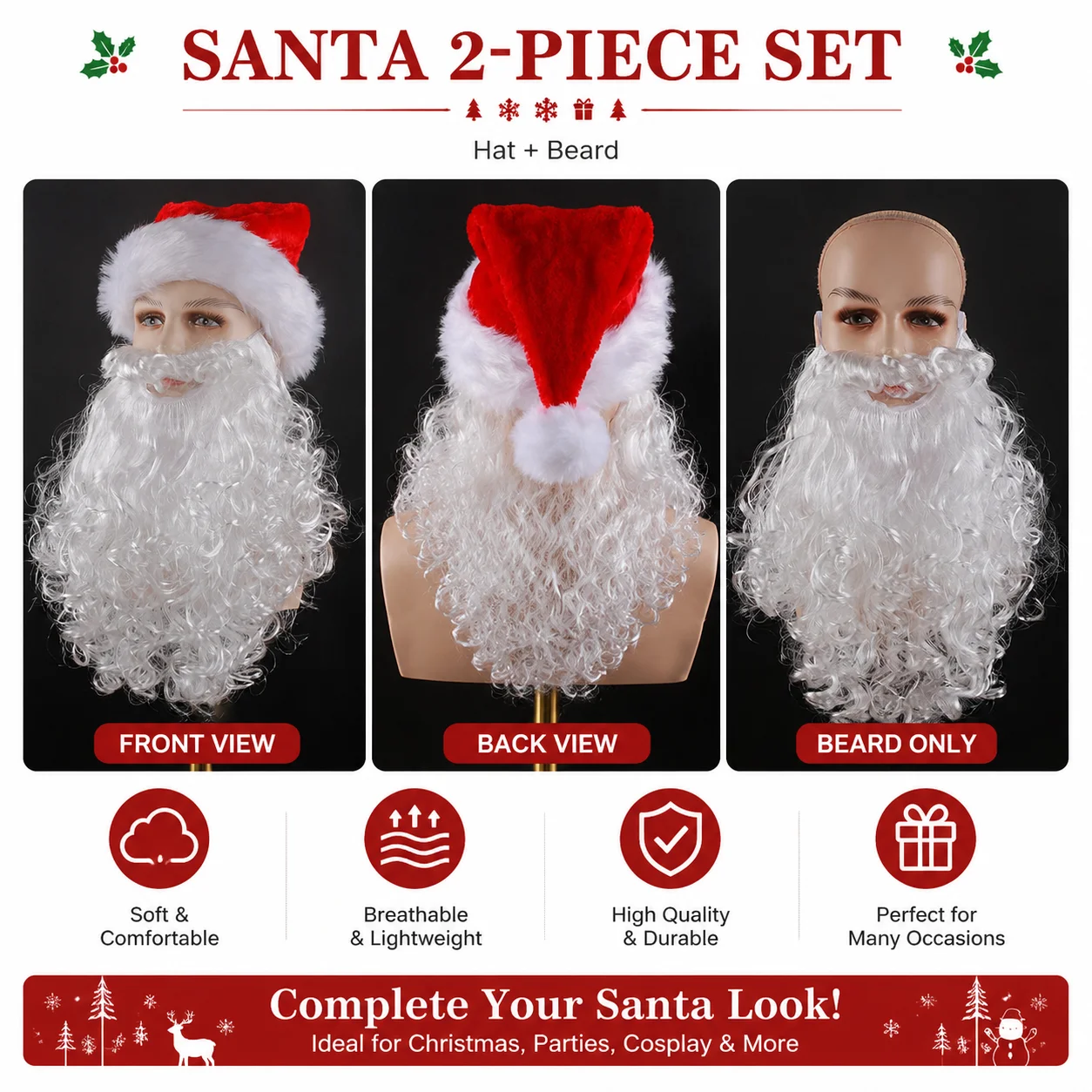 1/2/3PCS Santa Claus Set with Hat, Curly White Beard and Red Velvet Gift Bag for Christmas Cosplay Party Costume Accessories