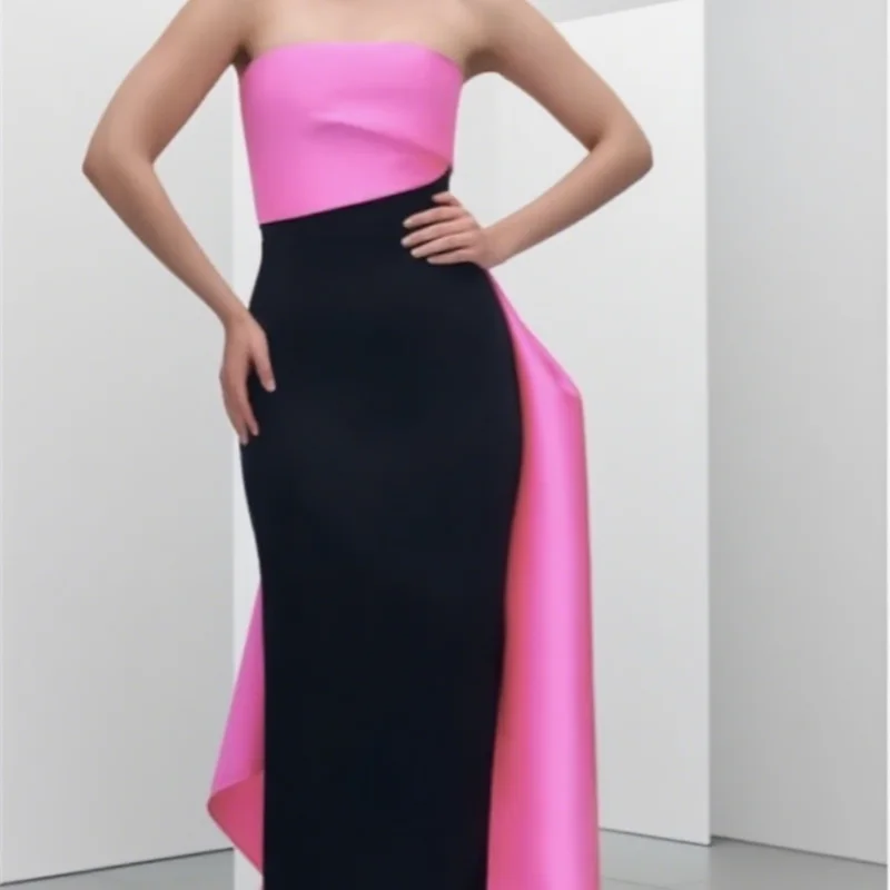 

Pink Black Satin Evening Dresses Strapless Chic Celebrity Party Gowns Simple Sheath Women Long Prom Pageant Dress