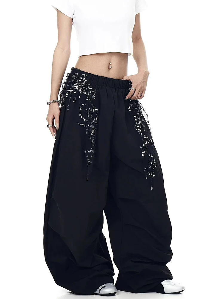 Korean Chic Sequin Lace Up Sweatpants Y2K Streetwear Oversized Wide Leg Pants High Waist Patchwork Casual Folds Parachute Pants