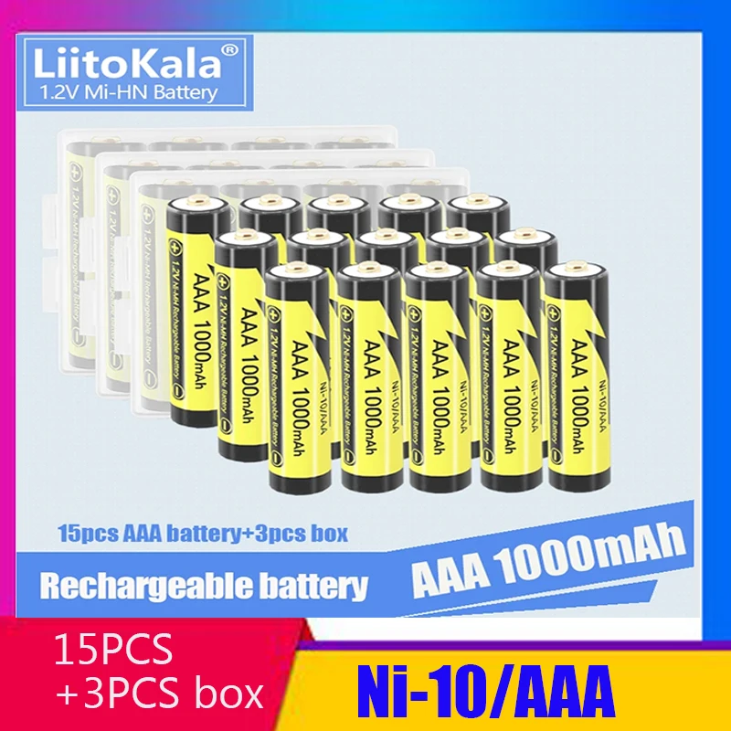 15pcs LiitoKala AAA Battery 1.2V Ni-MH Rechargeable Batteries 1000MAH 3A aaa flashlight battery with 3PC AAA/AA Battery Holder