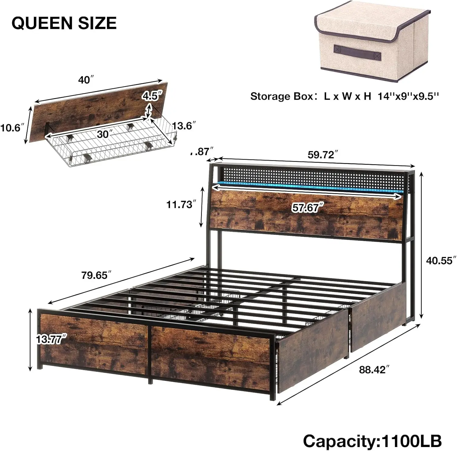 Queen Bed Frame with 4 Drawers, Metal Platform Bed Frame with Charging Station & LED Lights, Sturdy, Noise Free