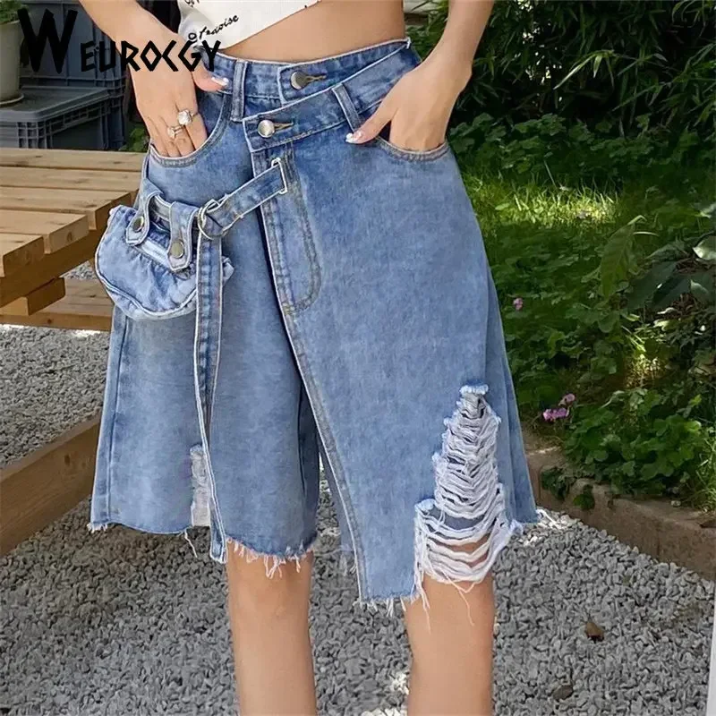 Women Shorts 2023 Summer Sexy Knee-length Denim Design Thin New Arrival Hole Chic Vintage Pockets Fashion All-match Streetwear