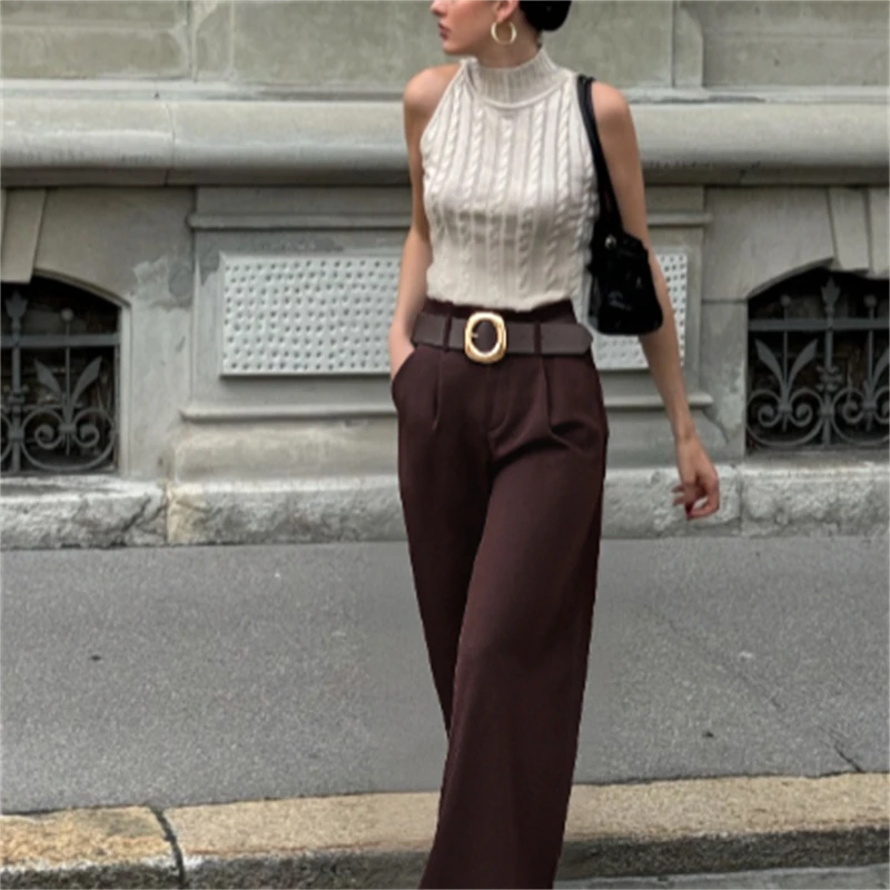 2025 Autumn Fashion Retro Brown High-Waist Slimming Wide-Leg Pants with Gold Circle Belt