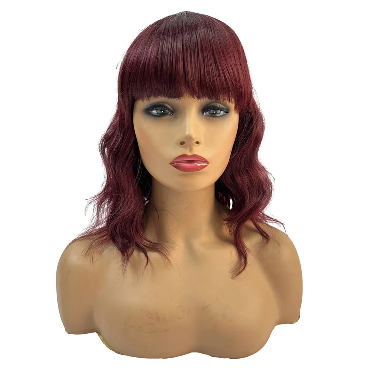 ABNP  Synthetic Wig Long Wavy Hair Wine Red with Bangs Natural Curly Wig Female Cosplay Wig Heat Resistant Fiber Wig