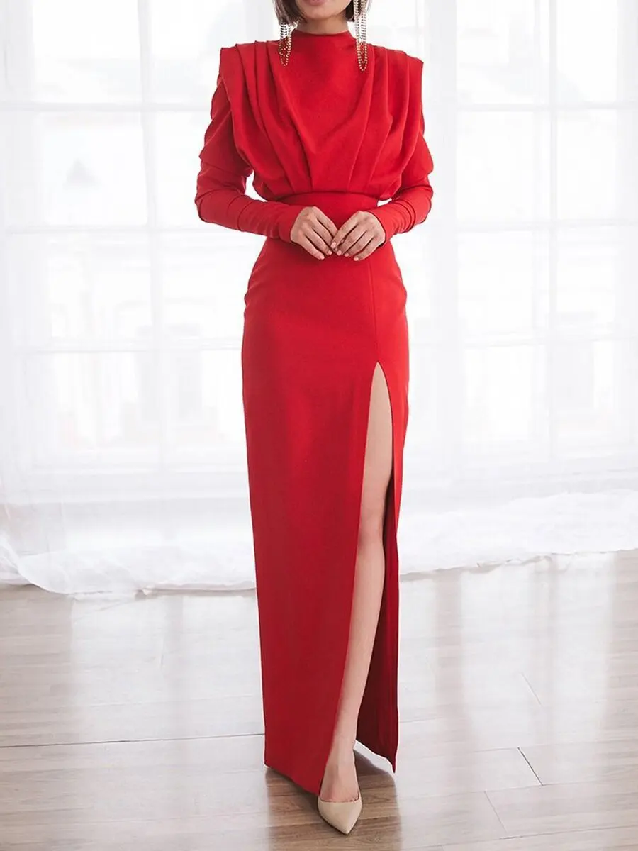 

Women Dress Slim Fit Sexy Turtleneck Full Sleeve Evening Long Dresses Solid High Waist Elegant Straight Gown Vestidos 2024