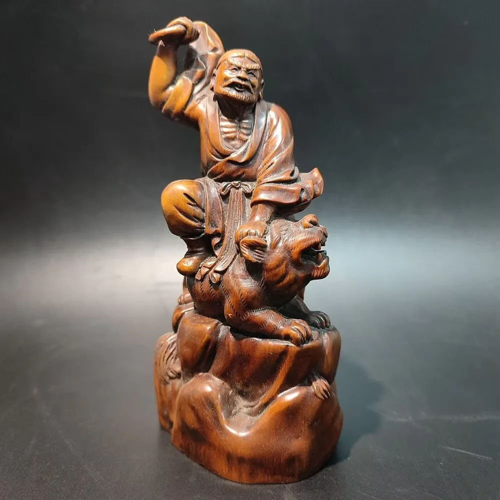 Antique India Wood Carving Arhat Carved Wood Buddha Boxwood Tiger Statue Wooden