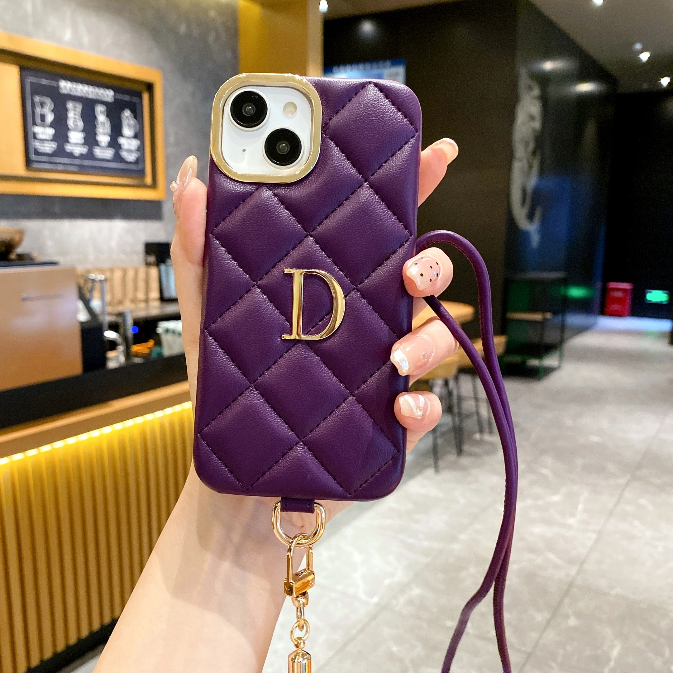 Personalized name small gold letters Leather Phone Case for iPhone16 15 14 13 12 11Promax 16Plus crossbody lanyard