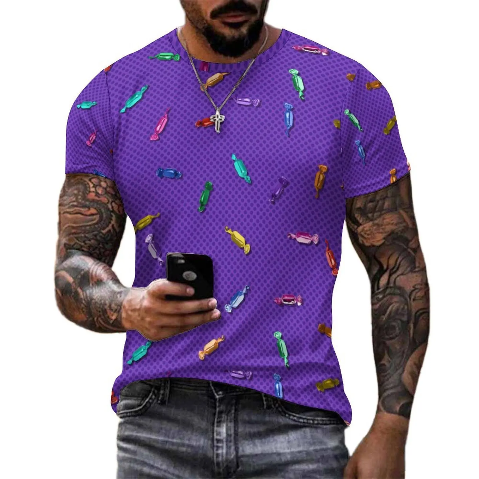 Male Hard Candy T Shirt Colorful Print Trendy T Shirts Short Sleeve Custom Tops Wholesale Summer Streetwear Big Size Top Tees