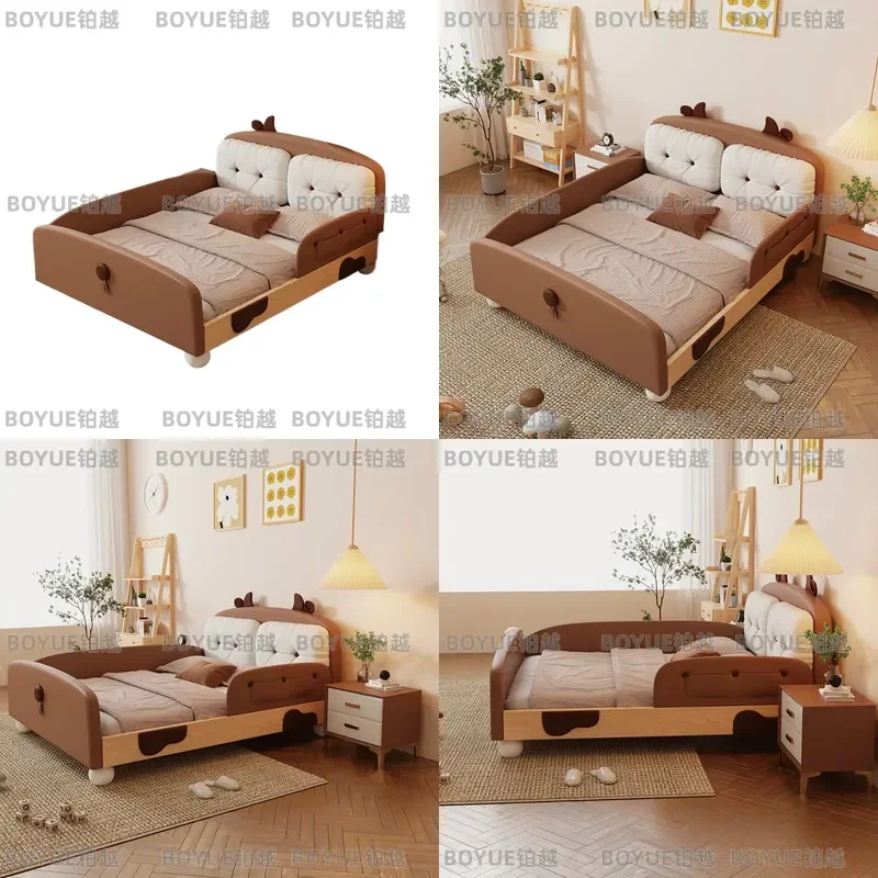 Cream Style Solid Wood Platform Bed with Guardrail for Kids Boys Girls Single Bedroom Furniture Sleeping Island Design