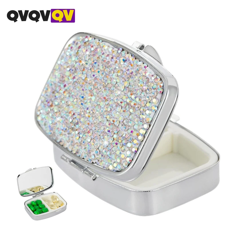 1Pcs Bling Crystal Pill Box, Portable 2 Compartments Daily Pill Organizer, Small Travel Pill Case for Purse or Pocket