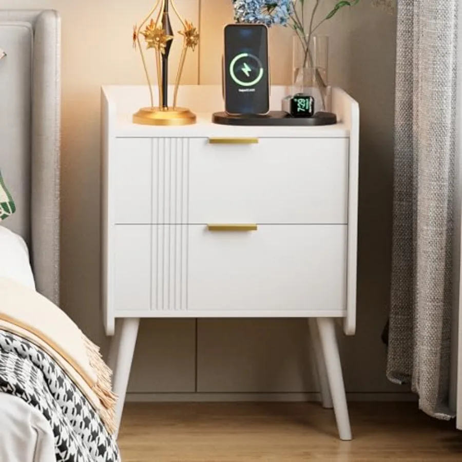 

White Modern Nightstand with 2 Storage Drawers Wooden Bedside Table for Bedroom Study Room Small Spaces