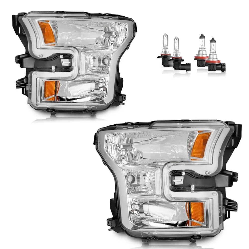 

Pair Chrome Headlights For 2015-2017 Ford F-150 F150 Black Headlamps W/Bulbs L+R
