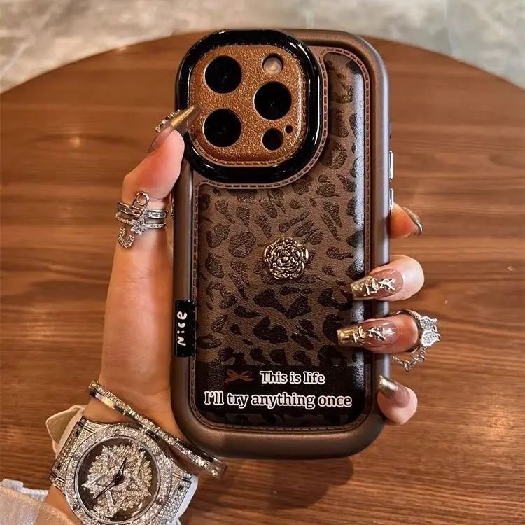 Leopard print English three-dimensional Camellia iPhone15 phone case New iPhone14Promax Premium sense iPhone13 fall proof