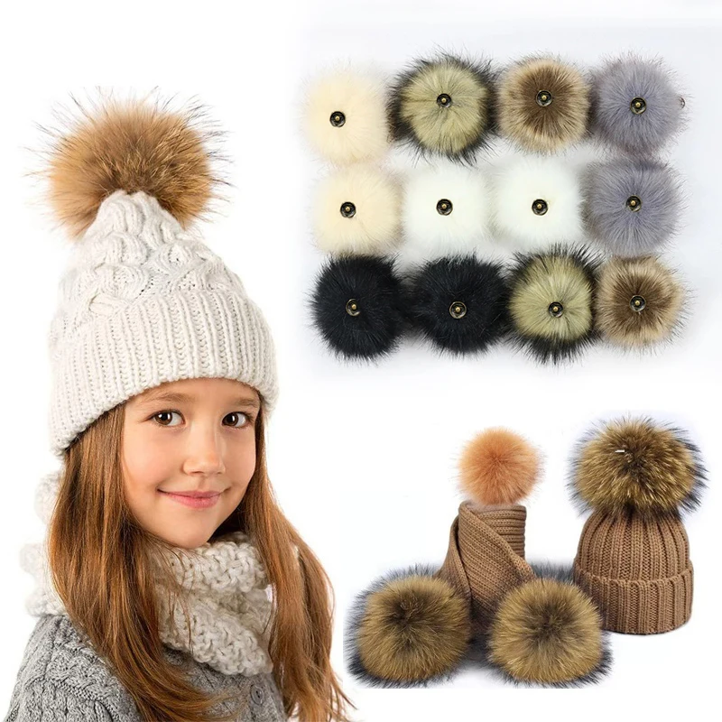 2Pcs Large Plush Ball with Press Button Fluffy Faux Fur Pompoms Hairball for Baby Girl Beanie Hat DIY Craft Sewing Supplies