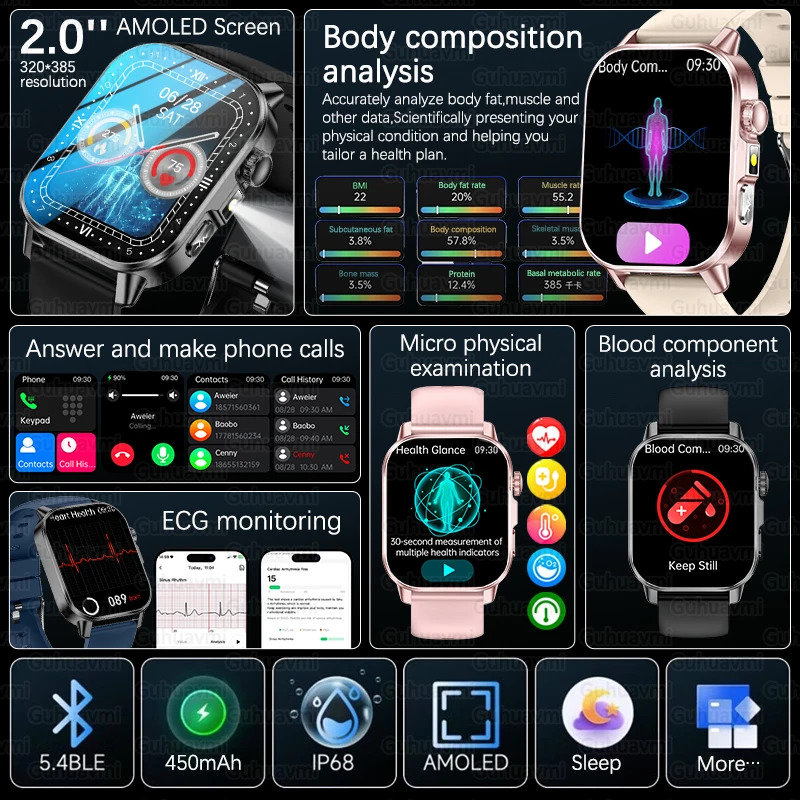 2026New ECG Accurate Health AI-Diagnosis Care Smartwatch  Uric Acid  Five Organ Fitness BT Call Smartwatch