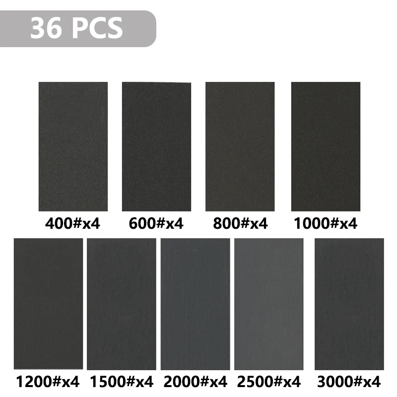 XCAN 36 шт., набор влажной и сухой наждачной бумаги 400/600/800/1000/1200/1500/2000/2500/3000, шлифовальная бумага с зернистостью, абразивные листы для дерева, металла