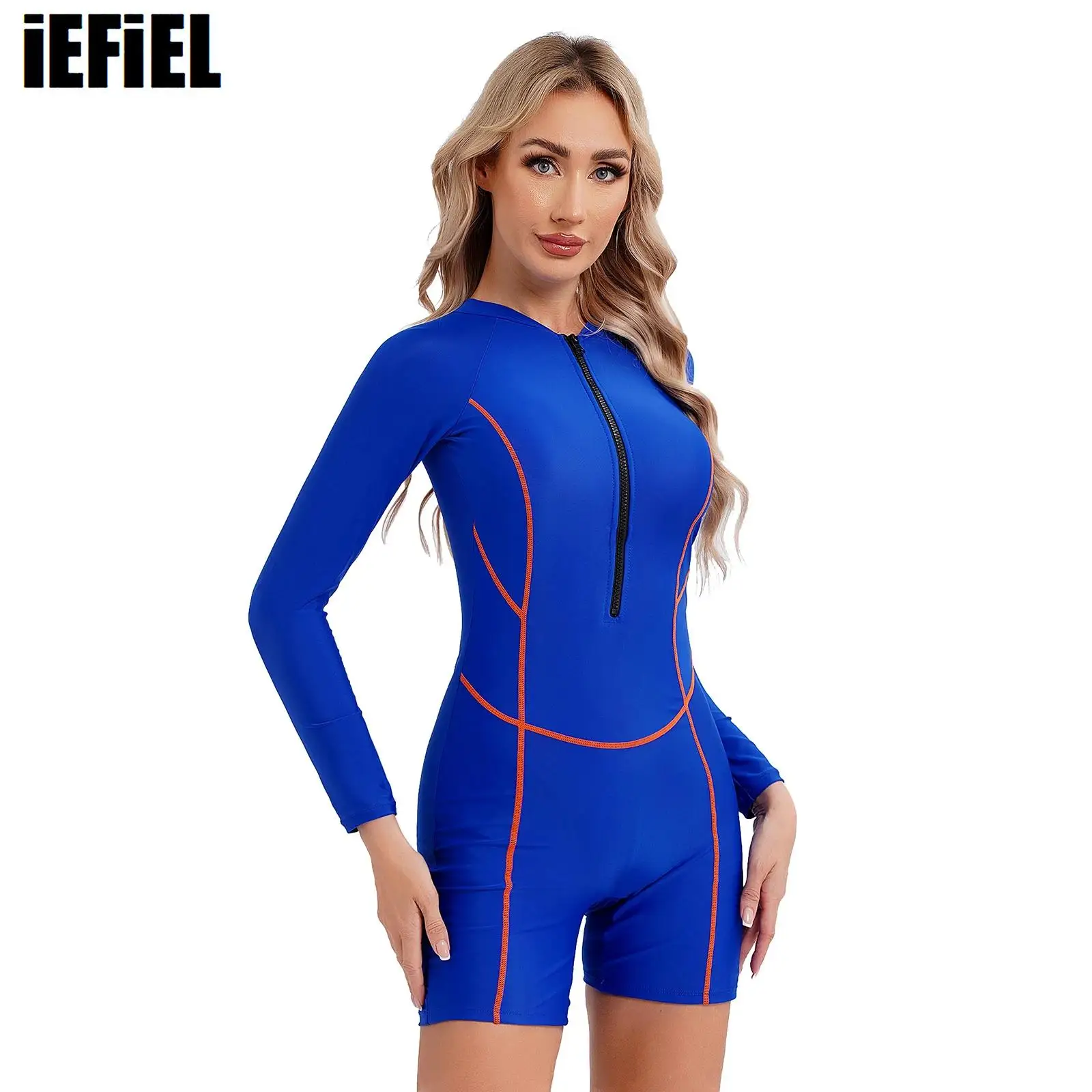 Women One-piece Zipper Swimsuit Long Sleeve Padded Front Swimsuit Boyleg Athletic Swimwear Pool Beach Surfing Bathing Suit