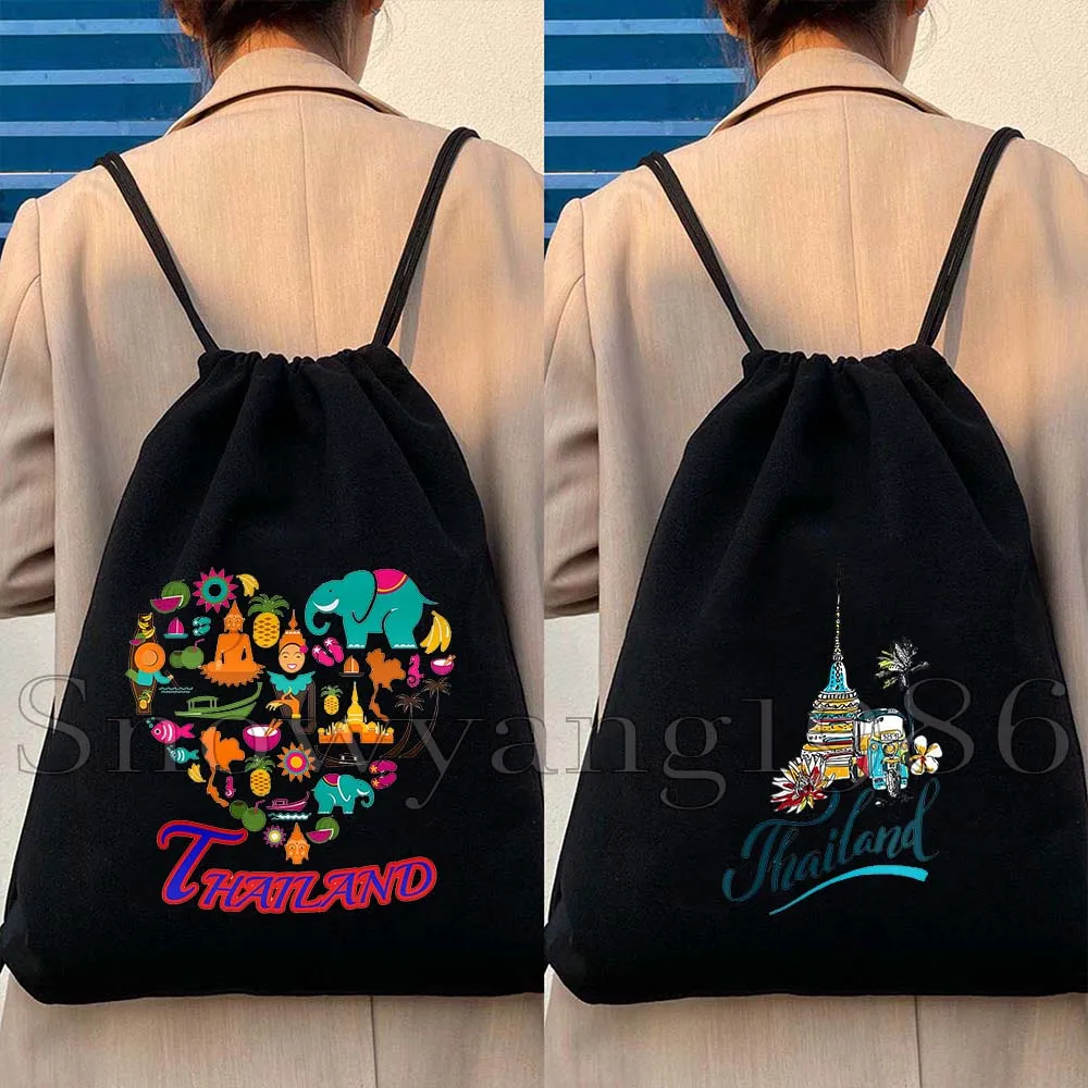 Phuket Bangkok Buddha Thailand Flag Map Elephant Gifts Canvas Drawstring Bags Soccer Backpack Gym Sackpack Sports String Bag