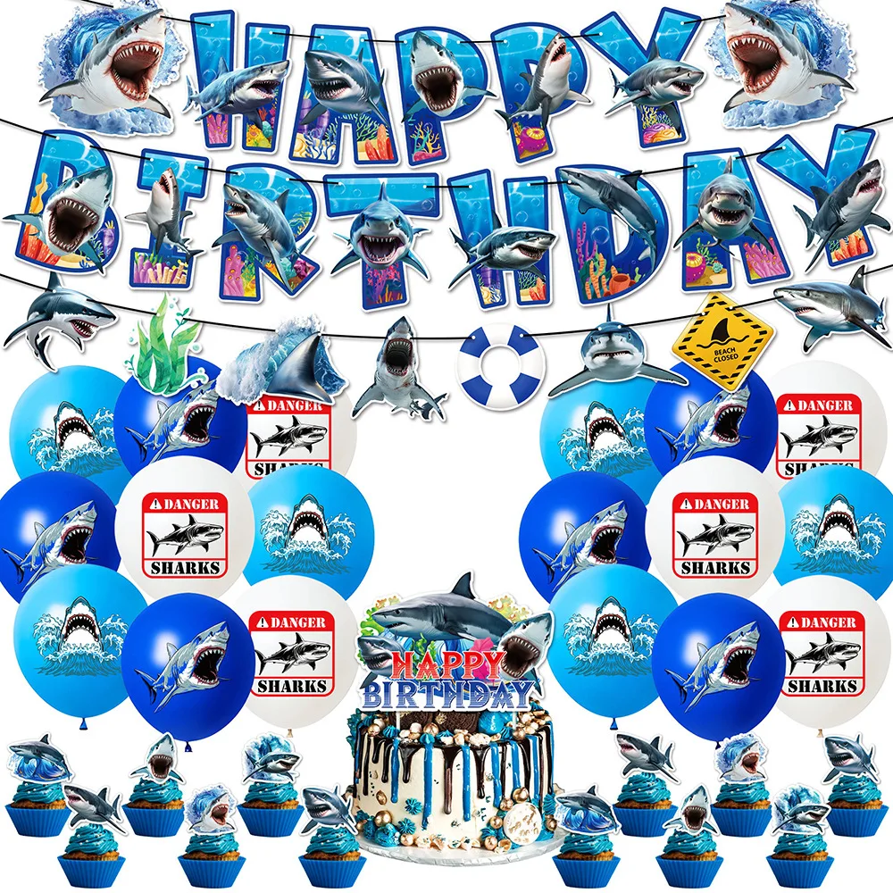 Set di compleanno di palloncini per topper per torta con decorazioni per feste a tema squalo