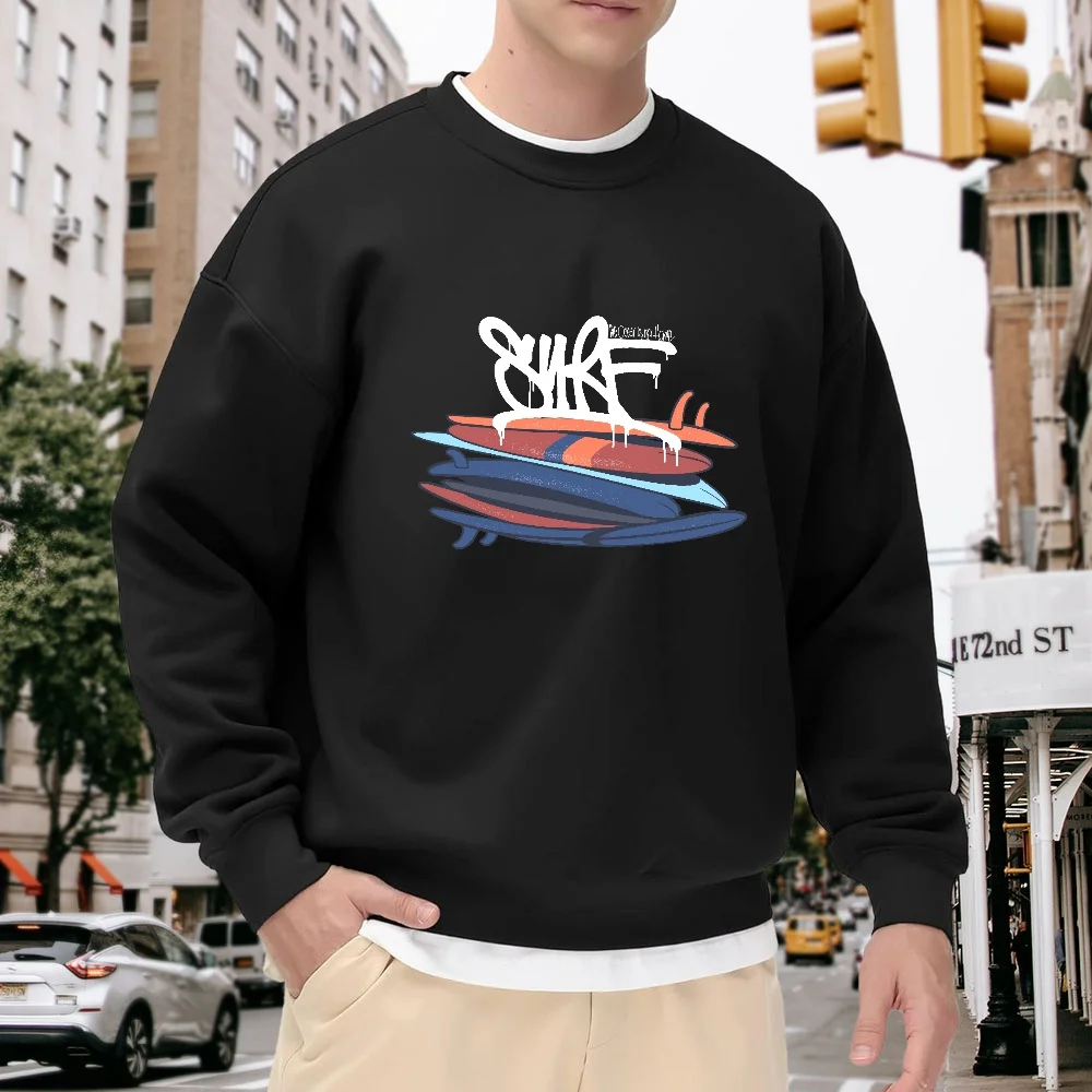 

Men's Black Crew Neck Loose Sweatshirt with Street Graffiti Surfboard Print, Trendy Casual Top, Versatile and Comfortable Pullover for Everyday Wear