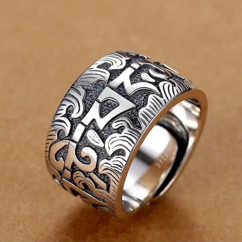 

BF CLUB 925 Sterling Rings for Women Simple Geometric Handmade Irregular Retro Big Wide Ring Allergy For Birthday Gift