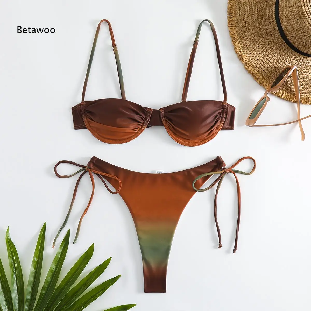 Women 2026 Twist Front Gradient Bikini, Underwire Support Top with Removable Straps & Adjustable Tie Bottom