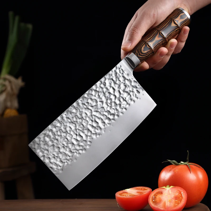 

TJ POP Stainless Steel 7 Inch Cleaver Knife Forged Hammer Cutting Knife Pakkawood Handle Sharp Household Slicing Kitchen Knife