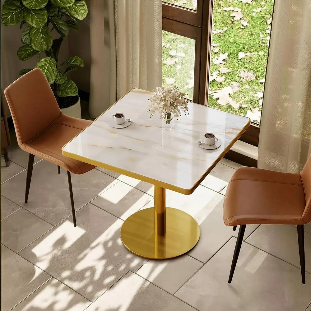 

Квадратный обеденный стол «Тюльпан» с толстой столешницей из спеченного камня (1,2 см), современный роскошный стол для 2-4 человек, с золотой кромкой и основанием-пьедесталом.