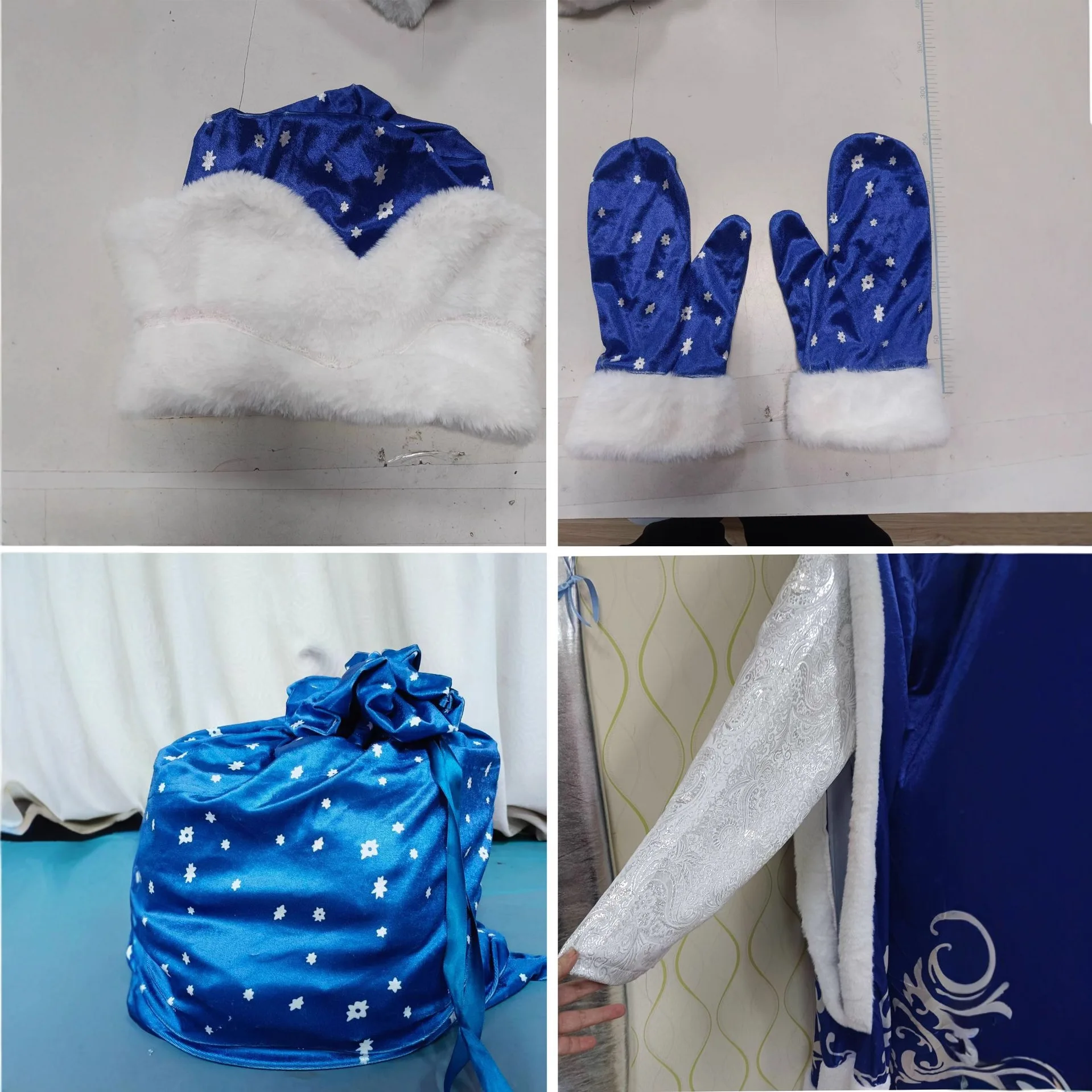 مجموعة أزياء سانتا كلوز الروسية التأثيرية مع معطف قبعة عيد الميلاد زوجان من القفازات كيس هدايا كبير وملابس اللحية الأب الصقيع